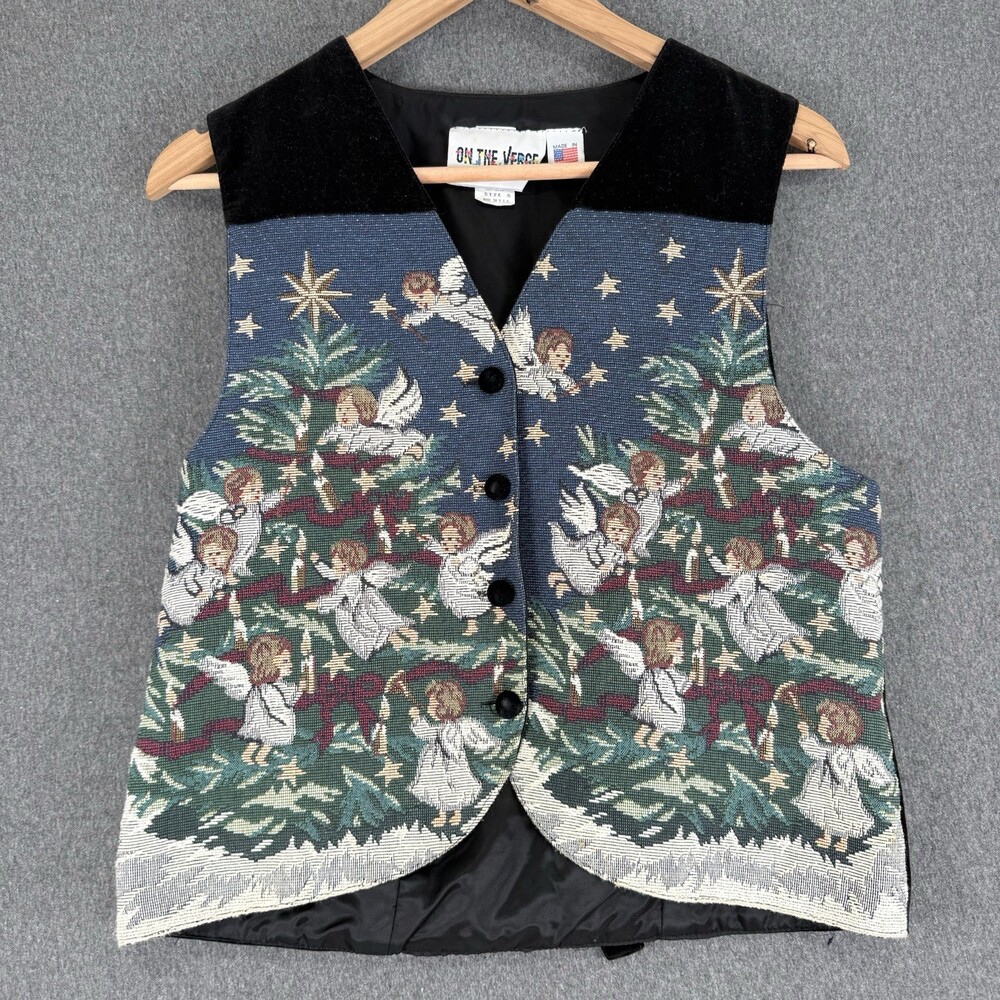 On the Verge Womens Small Christmas Angel Tapestry Vest Black Velvet Made USA